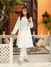 White & Powder Blue Petals Khadar 2 Pcs Set