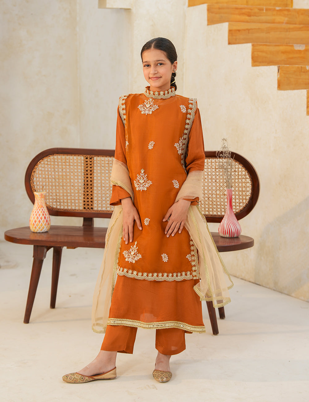 Burnt Orange  Silk & Organza 4 Pcs