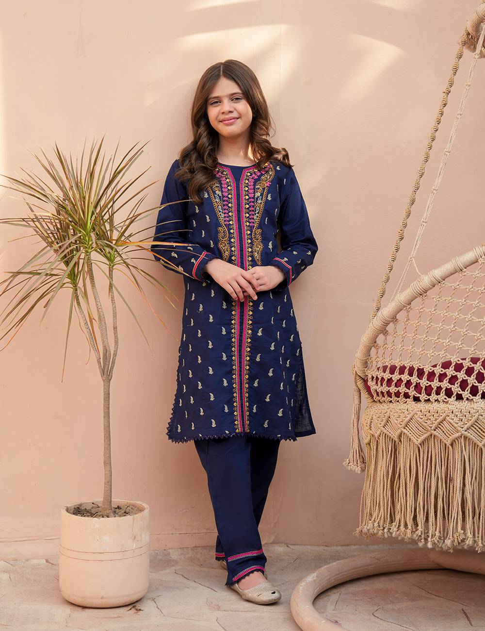 Navy Bloom Khadar 2 Pcs Set